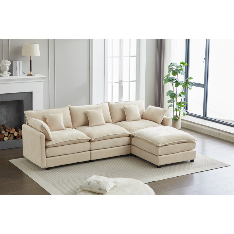 Canapé modulaire Boneless, canapé 3 places avec repose-pieds, canapé moderne en forme de L pour le salon, Blanc