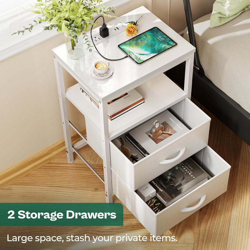 Nightstand With Charging Station, Side Table With Fabric Drawers, End Table With Open Shelf, Bedside Table With USB Ports And Outlets, Night Stand For Bedroom, White