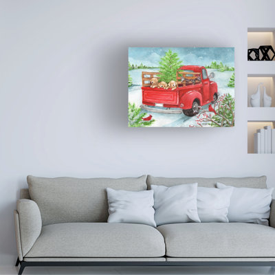 Arbre de Noël camion rouge et chiots qui neige - sans cadre