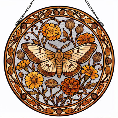 Moth Floral Stained Glass Window Panel，12"H