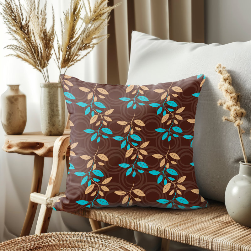 Housse de coussin, Brun / beige / bleu floral, H 14 po x l 14 po
