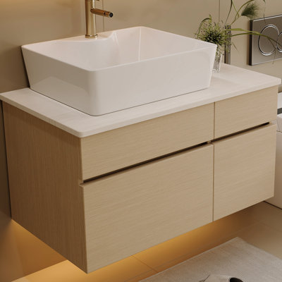 Meuble-lavabo simple 31,5 po avec lavabo vasque, plateau en bois multi-couches, rangement classifié, mécanisme de fermeture en céramique moderne à placage en douceur dans les unités de rangement