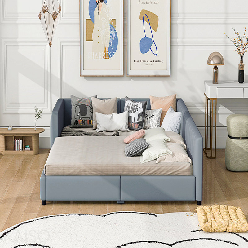 Grand lit plateforme tapissier grand et simple TG, lit mère et enfant, similicuir, gris, Grey