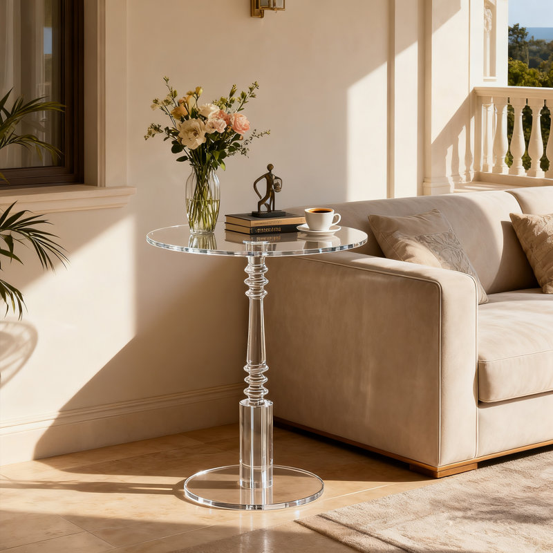 Table d'appoint en acrylique, table de bout avec poteau massif à plateau rond, table à piédestal pour le salon, la chambre à coucher, le balcon, assemblage facile (transparent, 17,7 po x 17,7 po x 23,6 po)