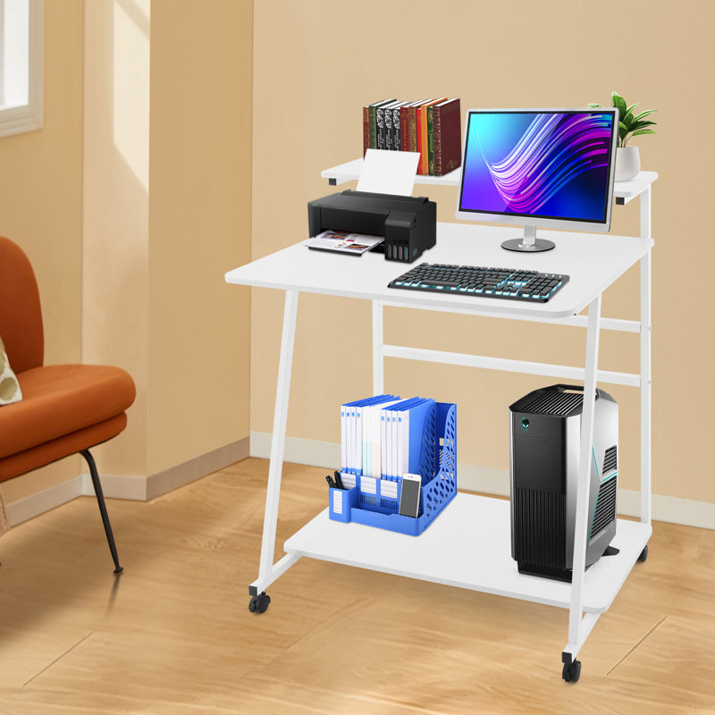 31.5" 3-Tier Rolling Computer Desk Modern Simple Computer Desk Flexible Home Office Desk Anti-Slip Free Standing, White