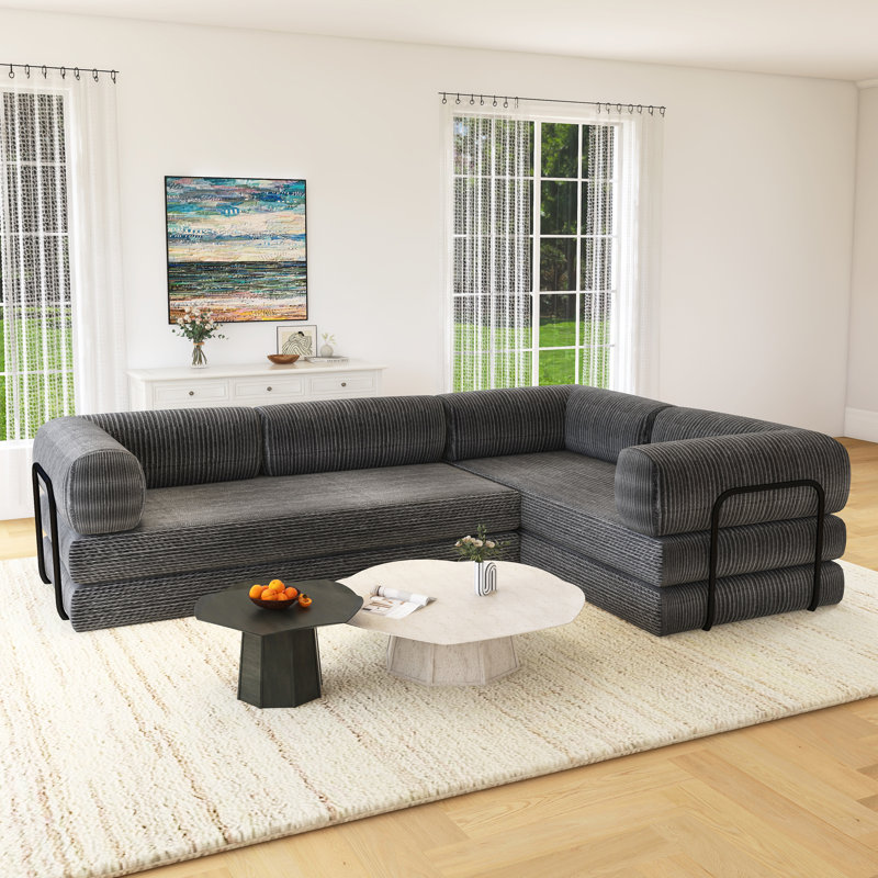 Canapé-lit modulaire en L en velours côtelé, Polyester gris
