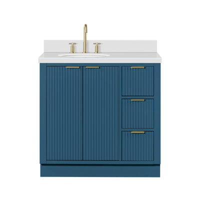 Meuble-lavabo simple en bois massif 36 po Haun avec plateau en quartz blanc 1,5 po Haun