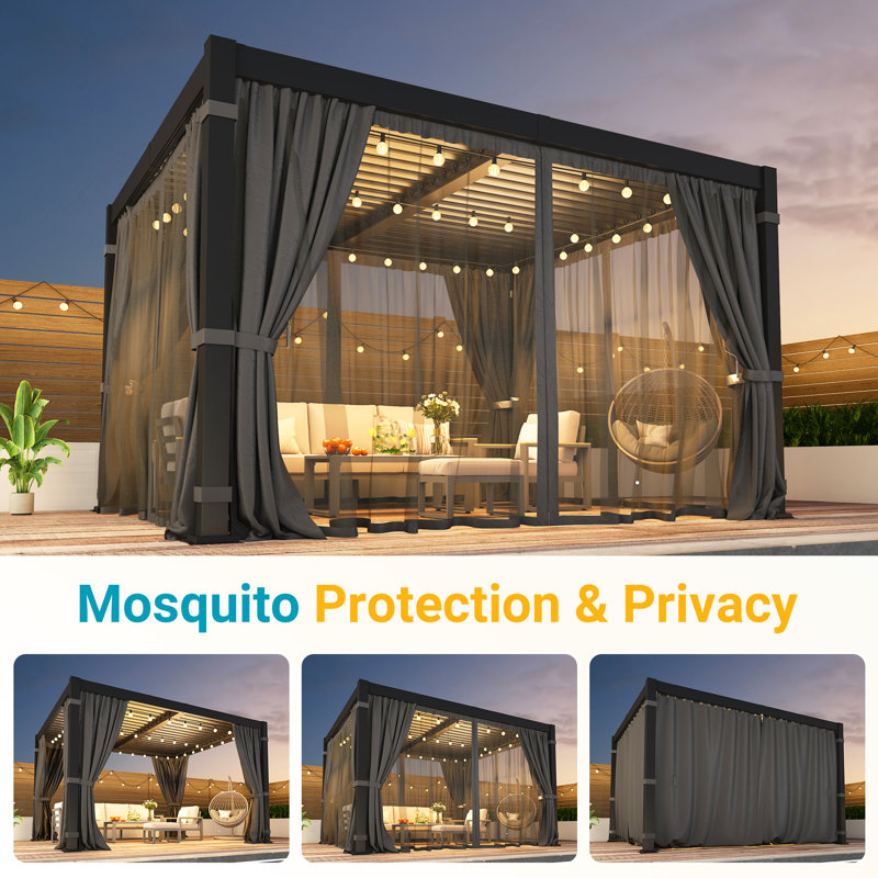 Aluminum 10' x 12' Pergola with Curtains & Netting, Outdoor Pergola with Adjustable Louvers & Hidden Drainage, Heavy-Duty Metal Louvered Pergola for Backyard, Poolside, Dark Gray