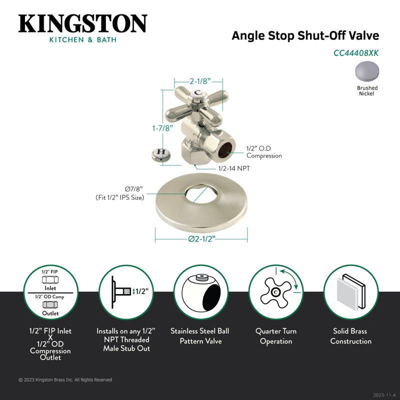 Valve d'arrêt à quart de tour Comp avec bride, Nickel brossé