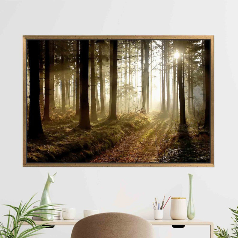 Art forestier au coucher du soleil - décoration murale inspirée de la nature, H 45 po x l 100 po, Doré