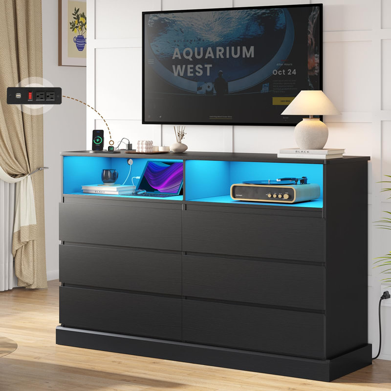 Jaynae 51.2 " W 6 - Drawer Dresser Chest of Drawers, Bedroom Dresser with 6 Drawers, Black, Black