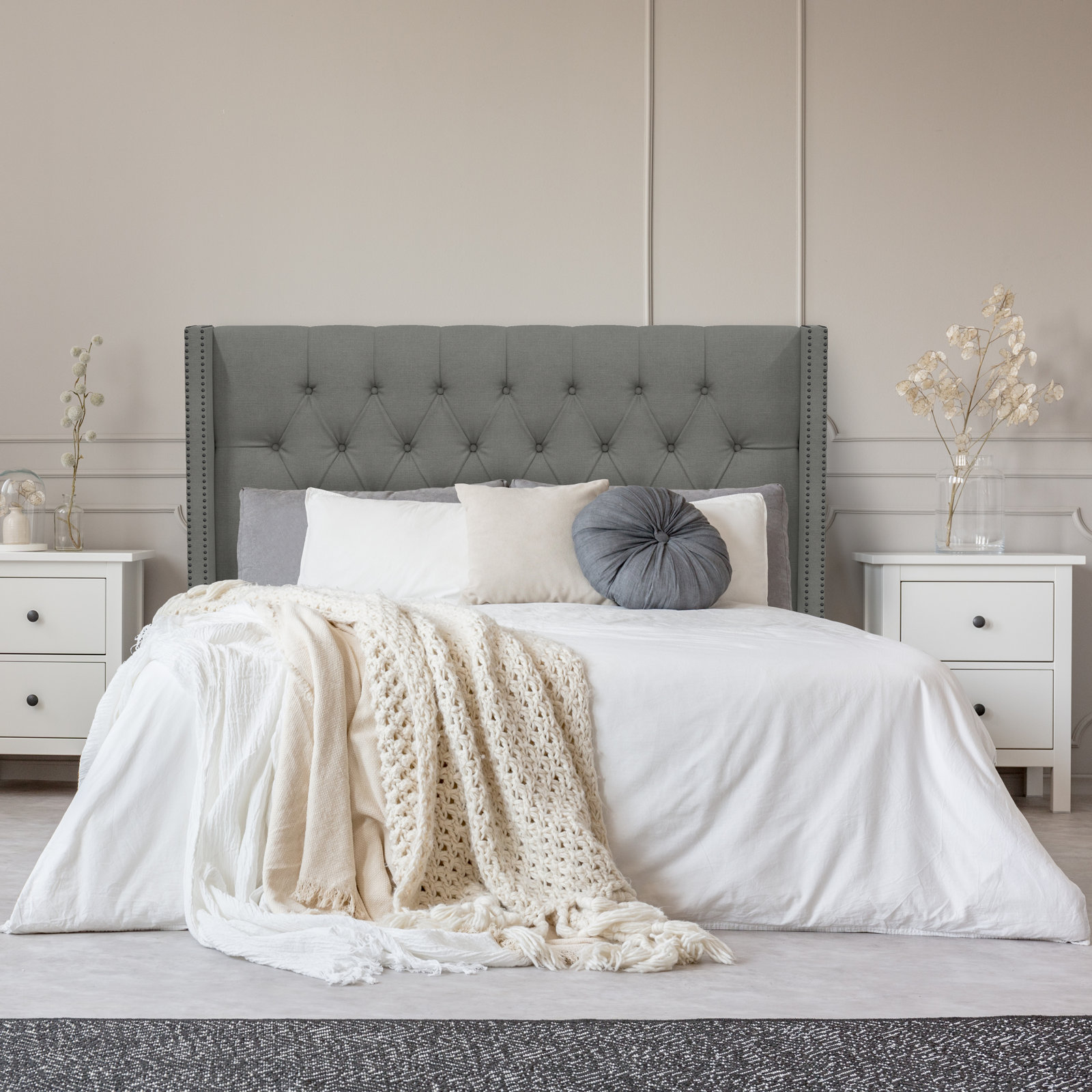 Knighten Upholstered Headboard, Twin, Bella Light Gray Performance Velvet