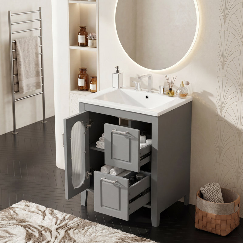 Meuble-lavabo de 24 po avec lavabo, armoire avec 2 tiroirs, porte et tablette réglable, fabrication en bois massif et en bois aggloméré