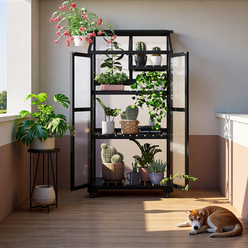 Height Wood Large Greenhouse Balcony Portable Cold Frame With Wheels And Adjustable Shelves For Outdoor Indoor Use, Black