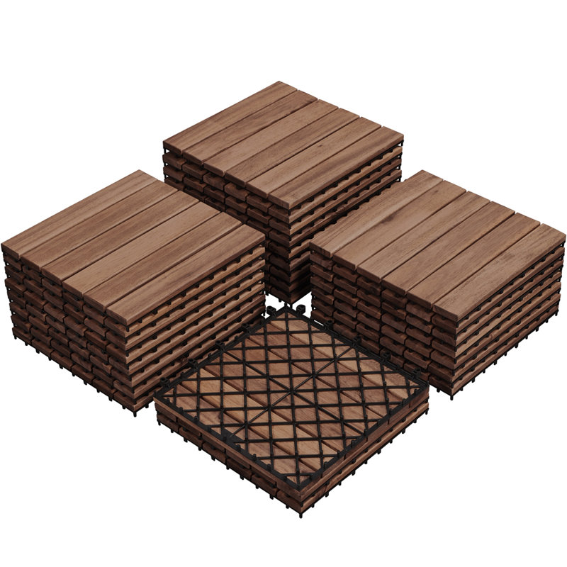 Wood Interlocking Deck Tiles for Indoor and Outdoor, Brown