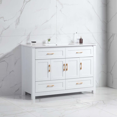 Ensemble de meuble-lavabo avec lavabo en céramique, armoire de rangement abondante - 4 portes à fermeture douce et 4 tiroirs