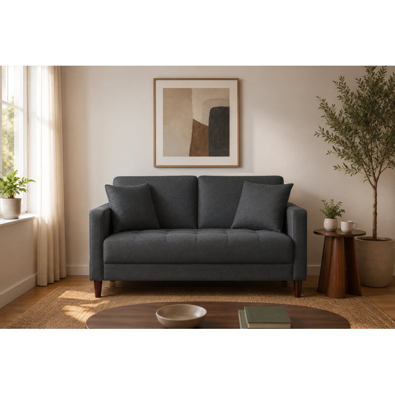Doiphode Mid-Century Upholstered Loveseat · Removable Back Cushions · 2 Toss Pillows Included, Gray