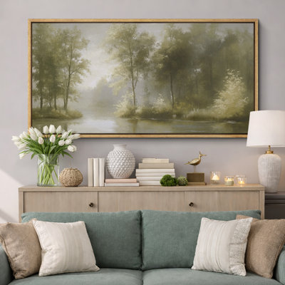 «Serene River and Forest Scene», grande impression sur toile encadrée - Tranquil Nature Decor