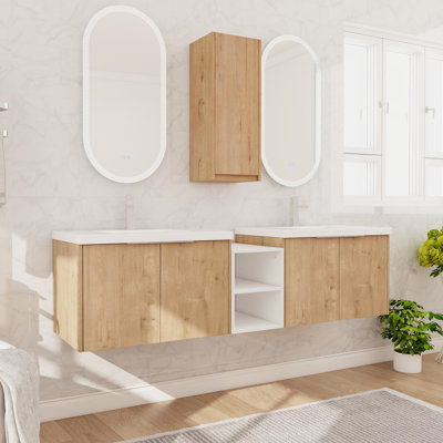 Double Sink Wall Mounted Bathroom Vanity With Resin Top, Floating Vanity With 4 Doors And Side Cabinet