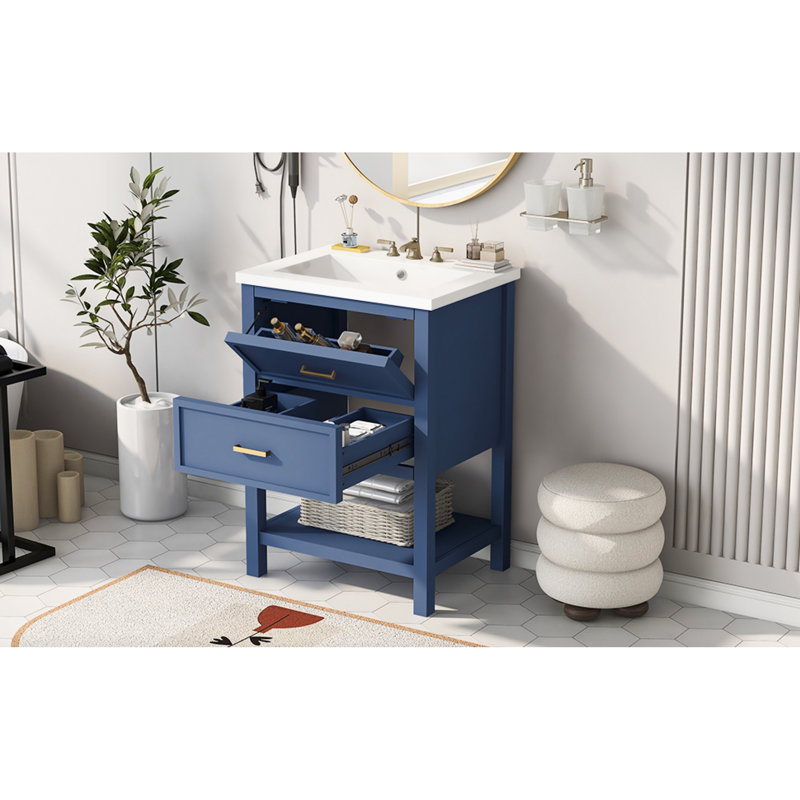 Meuble-lavabo bleu avec lavabo en céramique, armoire de rangement moderne à 2 tiroirs, parfait pour les petits espaces