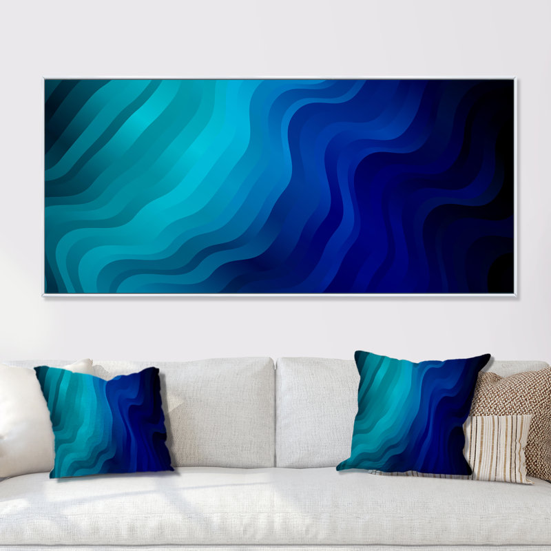 Abstraits vagues turquoise lapidées - impression sur toile, Cadre blanc, H 16 po x l 32 po x P 1 po