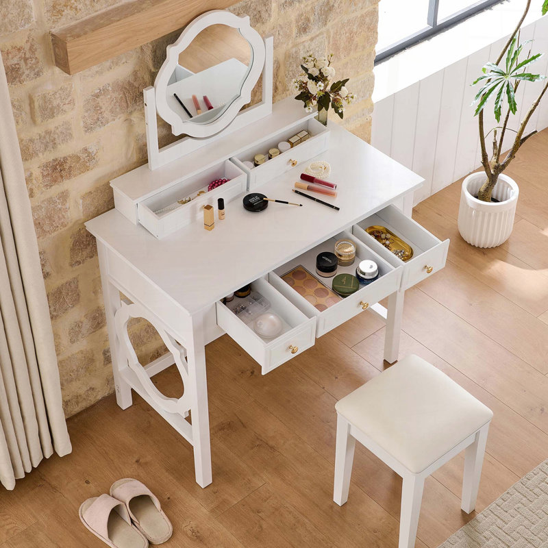Compact Makeup Vanity Table with Reversible Mirror & 5 Drawers