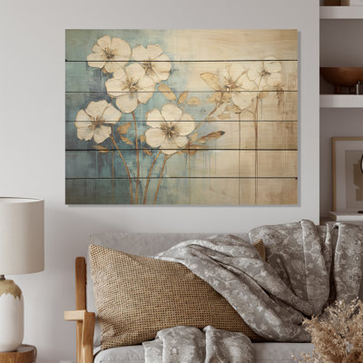 «Golden Blue Geraniums Bloom» - art mural en bois de géraniums sur bois de pin naturel