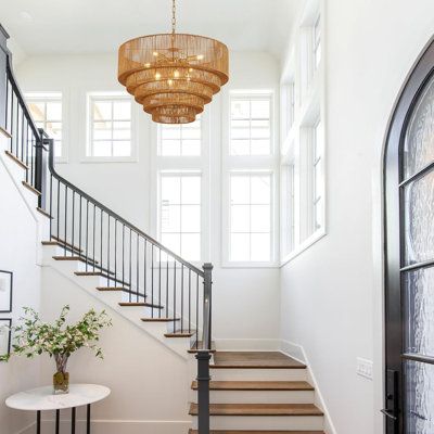 Grand lustre en rotin de 25,6 po avec 8 lumières, conception de tambour en bambou tissé à la main dans une finition dorée, luminaire boho rétro de style campagnard pour la salle à manger, la cuisine, la chambre à coucher