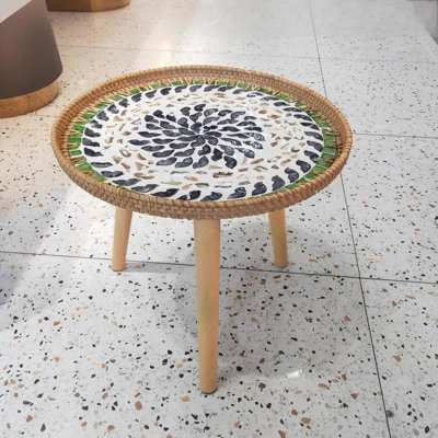Mother-Of-Pearl Inlaid Rattan Side Table - 3-Leg Stabilized Accent Table With Raised Edges For Plants, Books & Decor (40Cm Compact Design, 1-Min Assembly)