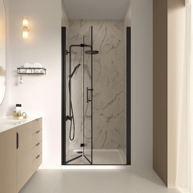 Porte de douche pliante sans cadre de l 34 à 35,4 po x H 72 po, porte de douche en verre trempé clair de 1/4 po (6 mm), porte de douche pivotante pivotante au fini noir mat, installation réversible