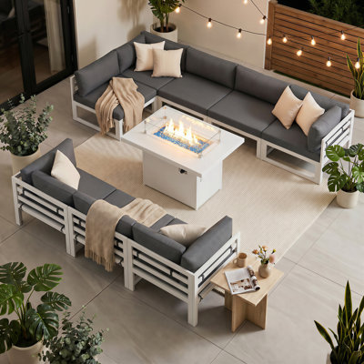 Anevaeh 8-Person Outdoor Patio All-Aluminum Sectional Conversation Set with Fire Pit Table and Cushions