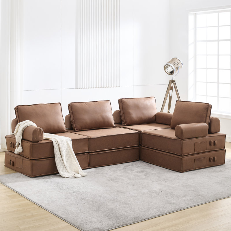 Canapé modulaire en cuir chamois 4 pièces Boneless - aucun assemblage requis, Similicuir brun