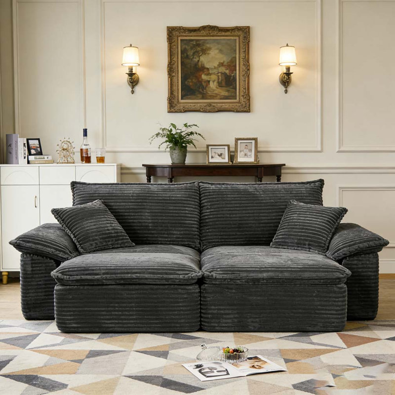 81" Sectional Sofa - Oversized Corduroy Cloud Couch with Movable Ottoman, Gray