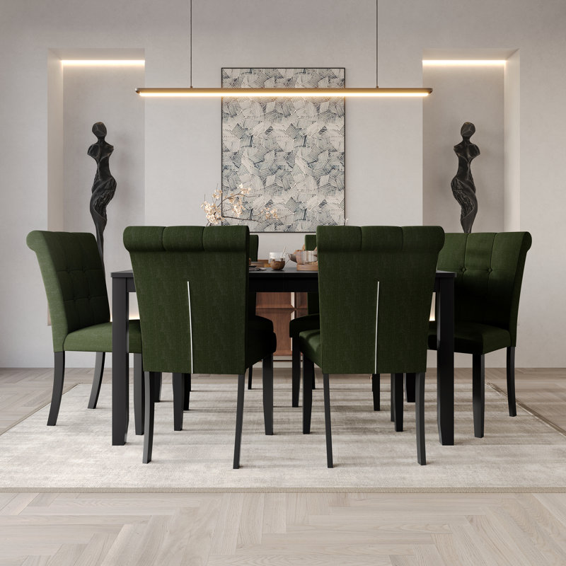 Danina Dining Set With Upholstered Chairs And 59" Rectangular Table, 7 Pieces: Table, 6 Chairs, Green