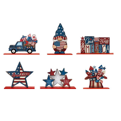 4th Of July Wooden Tabletop Decor 6 Pack Patriotic Tiered Tray Signs For Independence Day Home Party Decoration