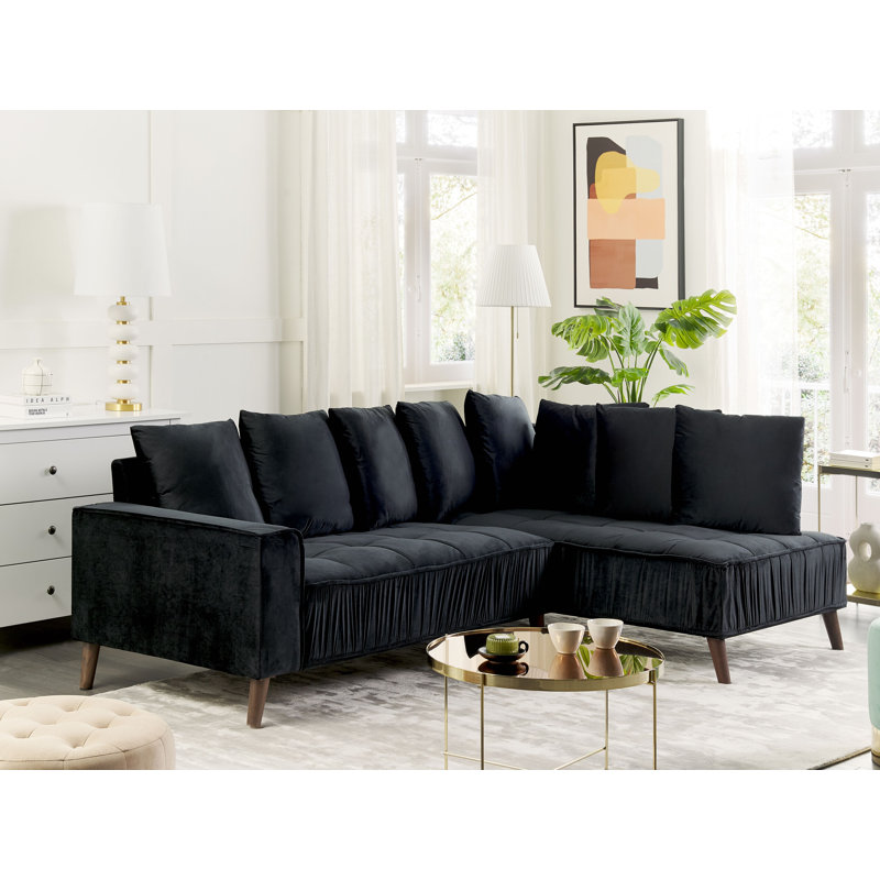 Adelya 3 Seater Velvet Corner Sofa , Black