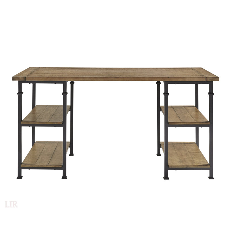 Bureau vintage rétro avec 4 tablettes ouvertes, finition rustique en peuplier, bois massif et métal, design moderne pour le bureau et la maison