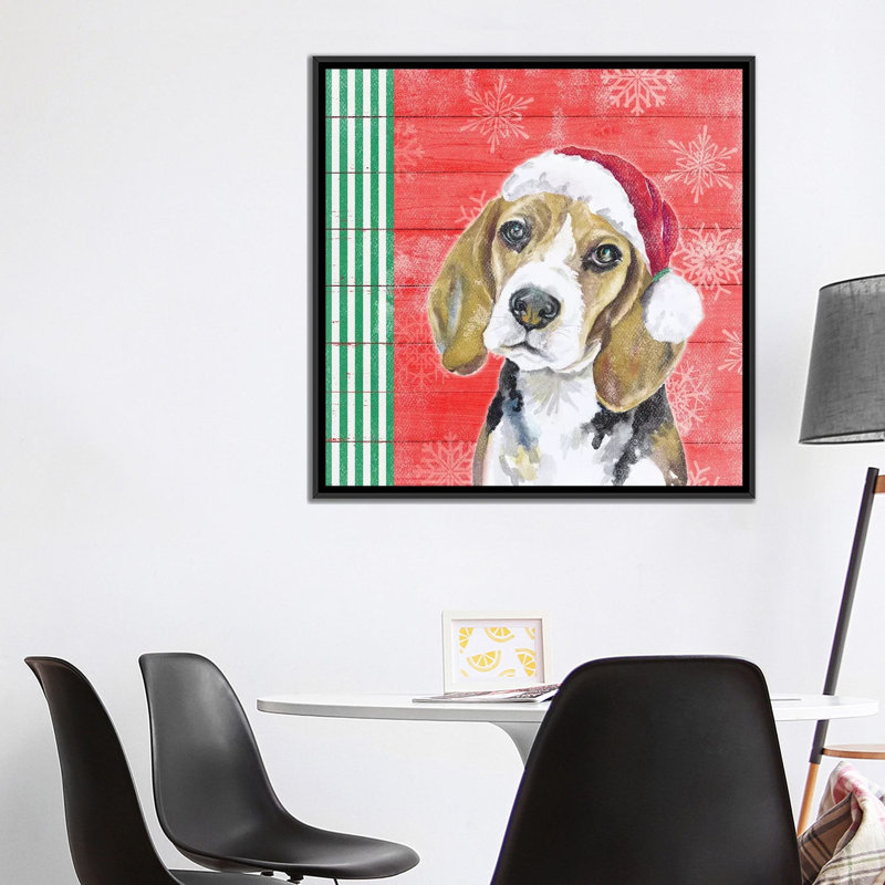 "Holiday Puppy I" par Patricia Pinto, reproduction d’art, H 37 po x l 37 po x P 1,5 po, Toile avec cadre noir, Pas de tapis