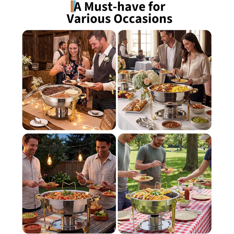 Ensemble de 6 réchauds 5QT pour buffet, ensemble de réchaud rond en acier inoxydable avec couvercles en verre, ensembles de chauffe-plats pour la restauration
