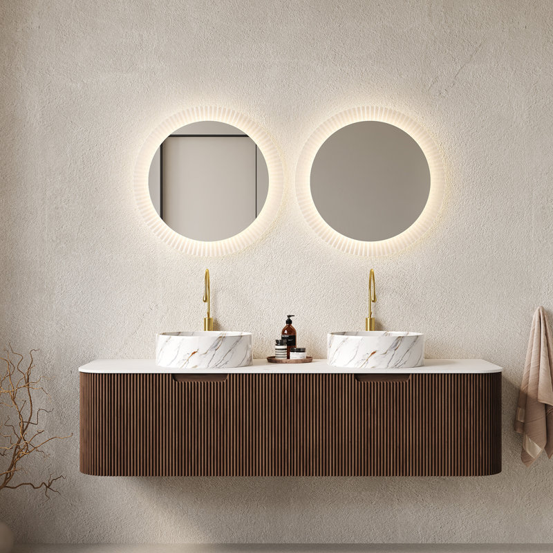 Meuble-lavabo de salle de bain 60 po avec lavabo, armoire de rangement murale à bords courbés et rayés avec 2 tiroirs, 2 lavabos en céramique avec motif de pierre, sans robinet, pré-assemblé