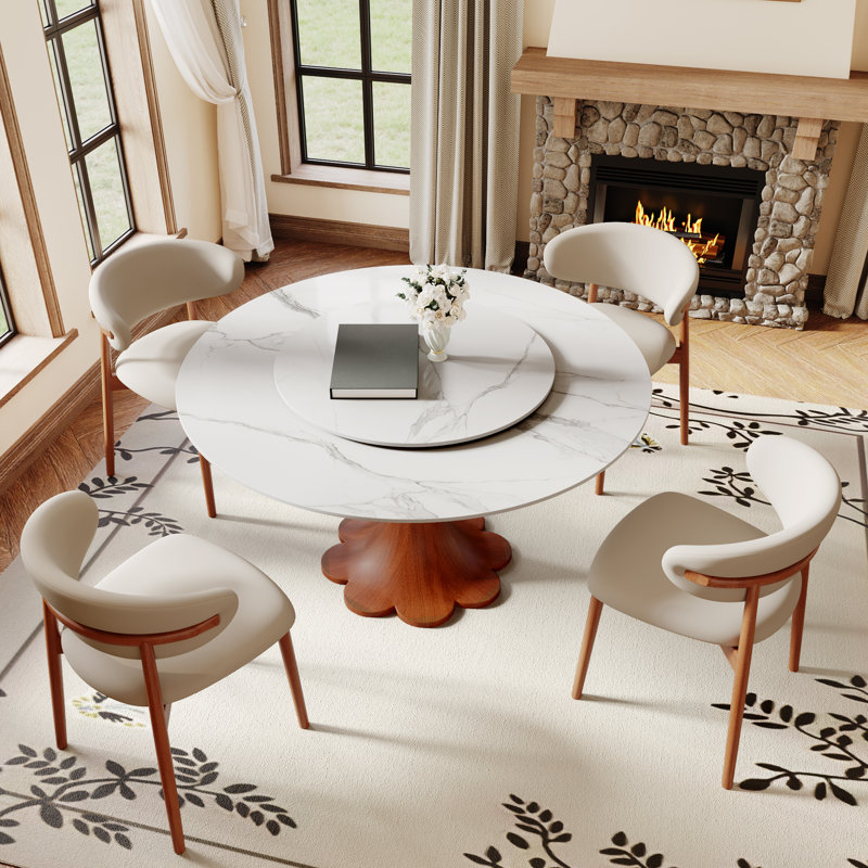 Ensemble de table de salle à manger avec plateau tournant Lazy Susan Farmhouse (1 table, 4 chaises / 6 chaises), 7, Blanc