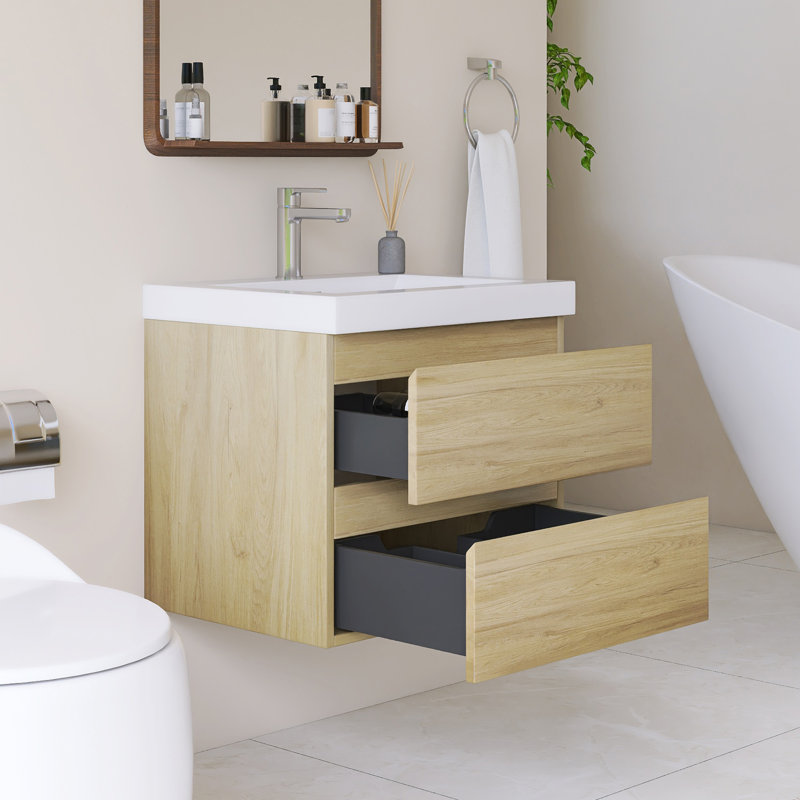 Meuble-lavabo mural simple avec plateau en résine intégré blanc, Jaune, 24"