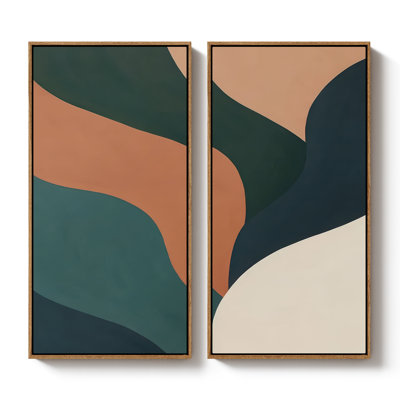 «Earth Tone Curved Shapes Abstract» pour chambre à coucher - ensemble de 2 reproductions d'art encadrées sur toile 60 po x 30 po x 2 pièces