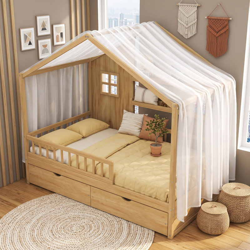 Lit plateforme en bois 2 tiroirs avec toit, rideaux, barrières de sécurité et tablettes, Lit simple, Naturel