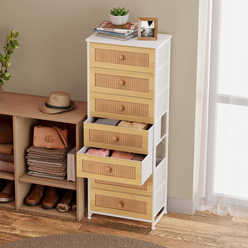 Commode 7 tiroirs en rotin, Blanc/naturel