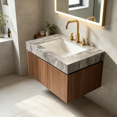 LifeSky 30\" Sintered Stone Vanity Top: 10-Year Durable Bathroom Countertop - 15-Minute Faucet Installation Prep - Light Gray Modern Design for Small Bathrooms & Apartments