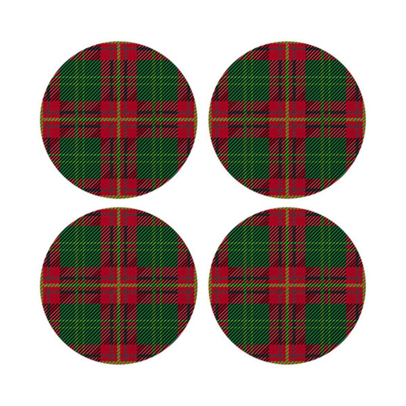 Tartan Blue Vegan Leather Round Coasters, Green