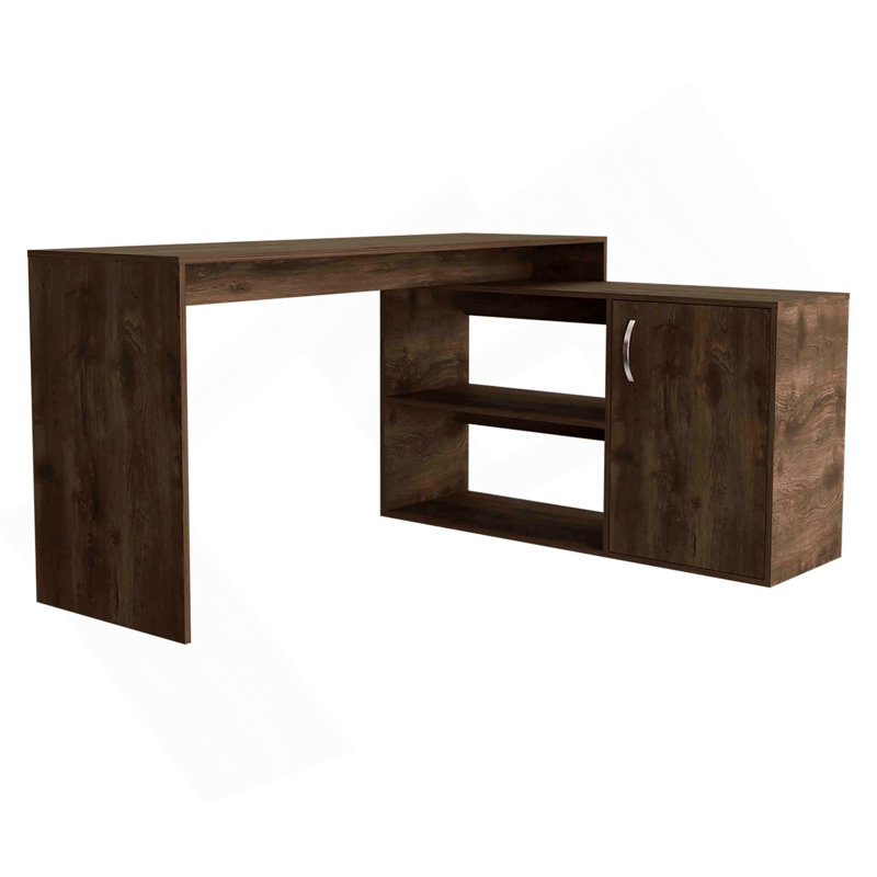 Bureau d'ordinateur moderne en L avec rangement ouvert et fermé - brun foncé, Brun