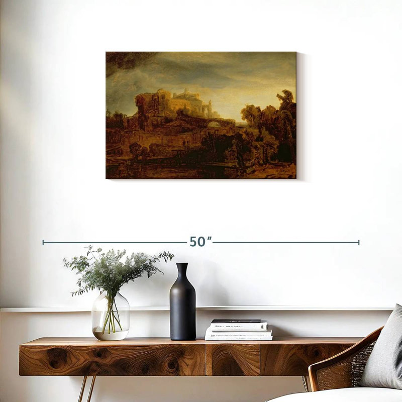 Lilie paysage avec un château, H 20 po x l 30 po