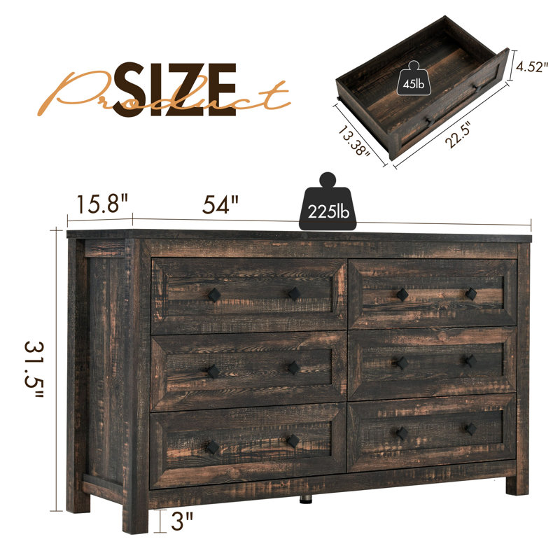 Commode à 6 tiroirs Arlina, chêne foncé, l 54 po, Chêne foncé